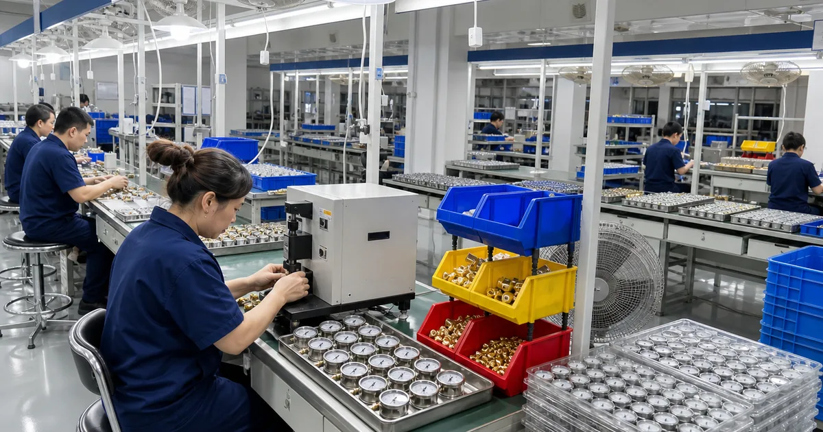 Pressure gauge production floor where stainless steel and brass wetted parts are assembled