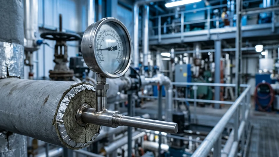 Bimetal dial thermometer in a thermowell with lagging extension on an insulated steam pipe