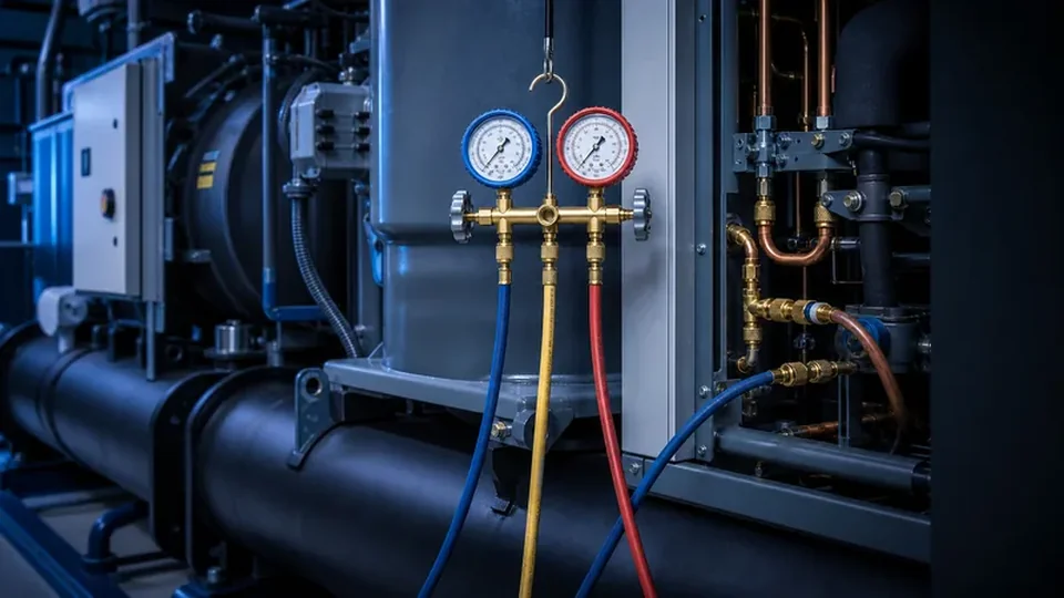 Refrigerant manifold gauge set with a blue low-side and a red high-side chiller refrigerant pressure gauge connected to a water-cooled chiller in a plant room
