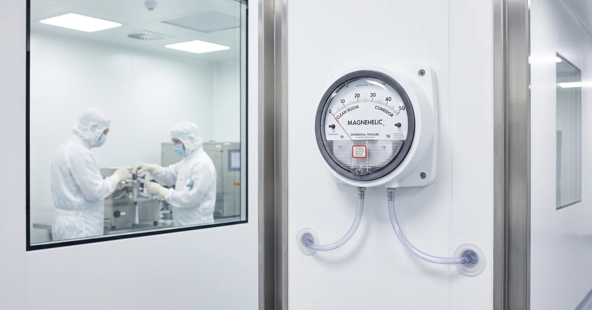 Wall-mounted differential pressure gauge with two sensing ports monitoring a GMP cleanroom
