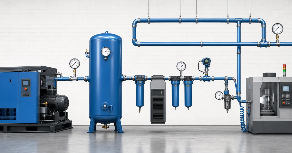 Compressor room with air receiver tank, dryer and filtration pipework