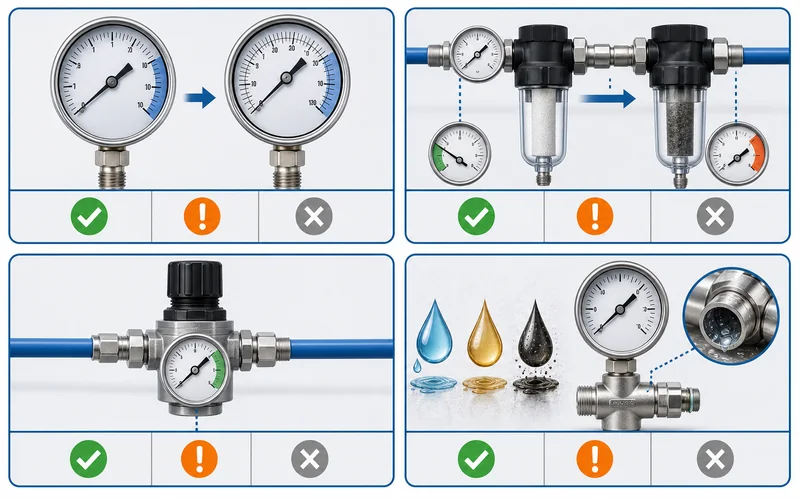 Compressed air pressure gauge selection checklist schematic for range, filter pressure drop, regulator pressure and condensate risk