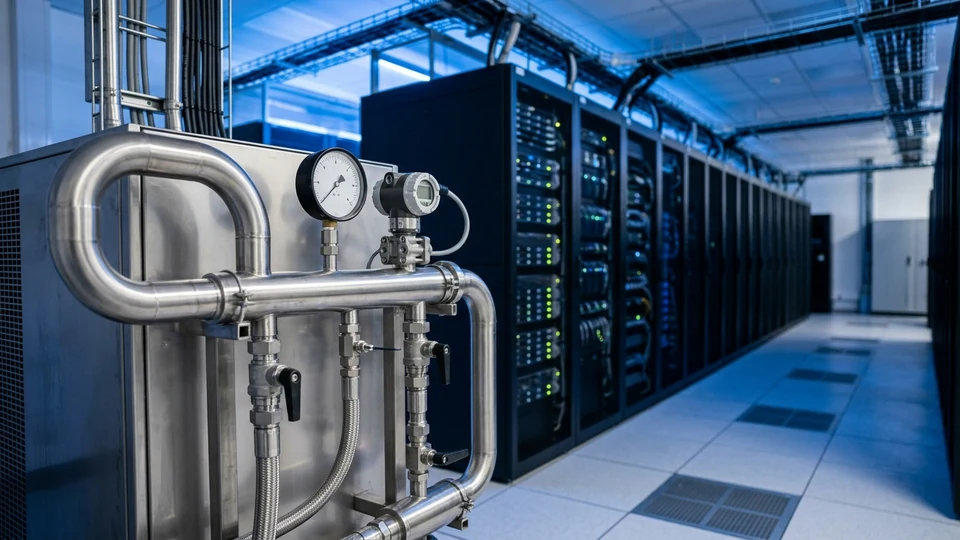 Coolant distribution unit manifold with pressure gauge and transmitter in an AI data hall