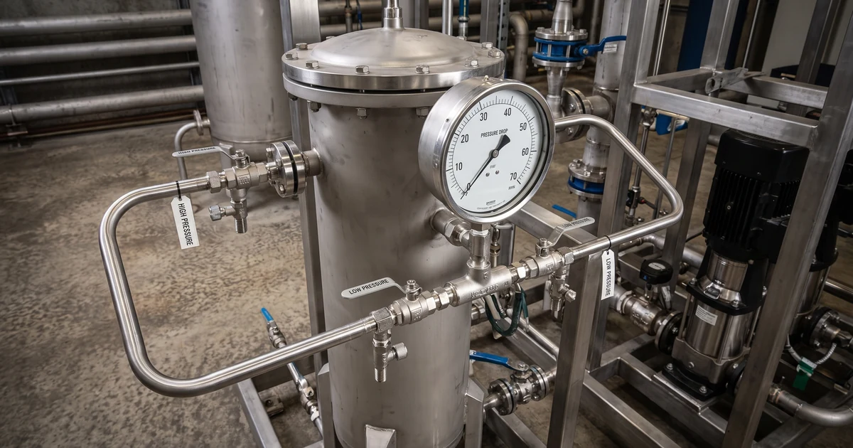 Differential pressure gauge piped across the inlet and outlet of an industrial filter housing