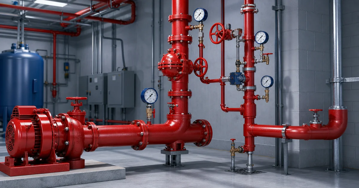 Fire pump room with red fire pumps, riser piping and alarm valve assembly