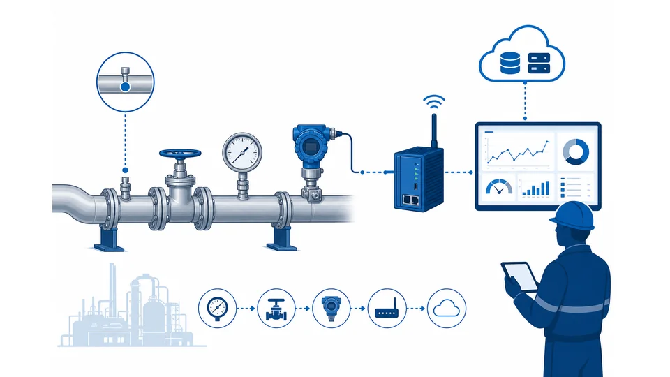 Language neutral IIoT pressure monitoring architecture schematic from sensor to gateway and dashboard