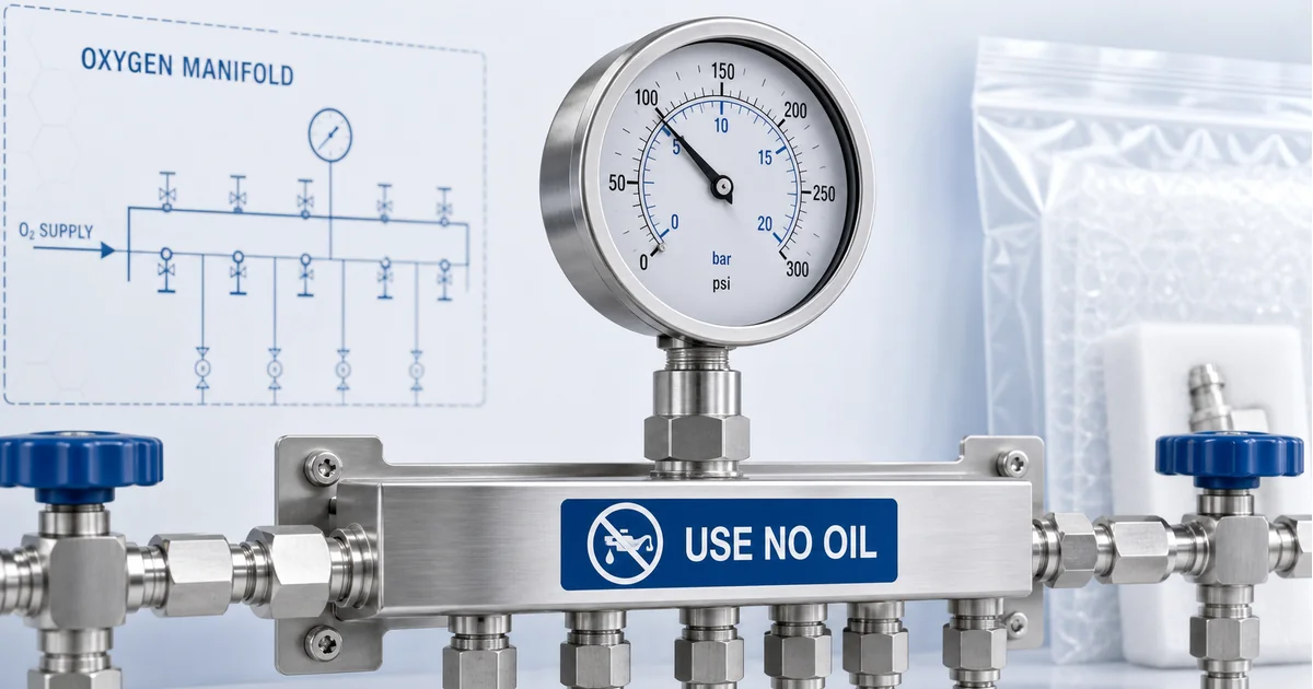 Oxygen pressure gauge on a clean oxygen manifold with no oil handling controls
