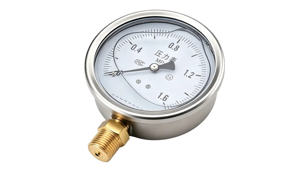 Liquid-filled pressure gauge dial marked 0-1.6 MPa with accuracy class 1.6