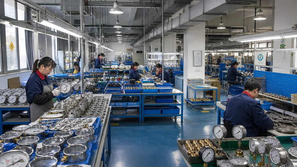 Pressure gauge cases and dials being assembled in batches on the Manogauge production floor