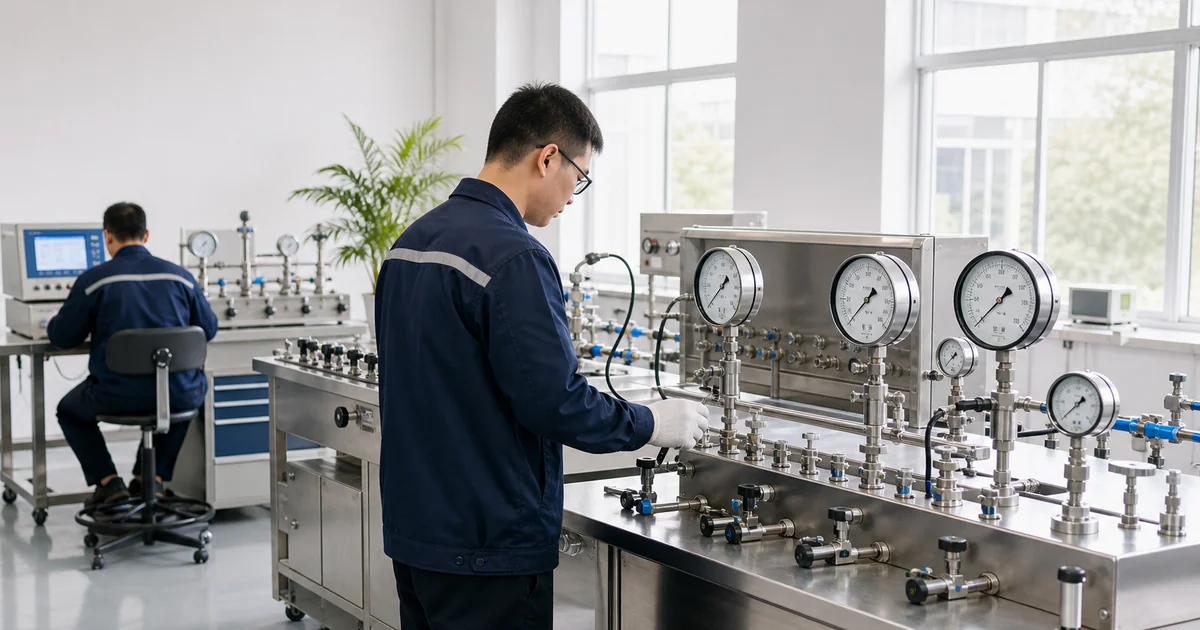 Engineer verifying pressure gauges on a comparator bench in the Manogauge calibration laboratory