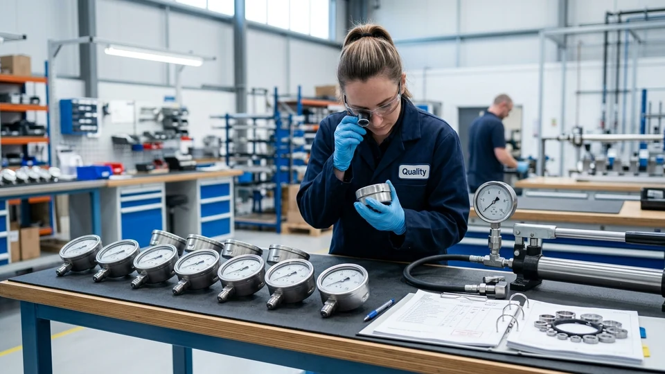Quality inspector performing lot acceptance checks on a batch of pressure gauges