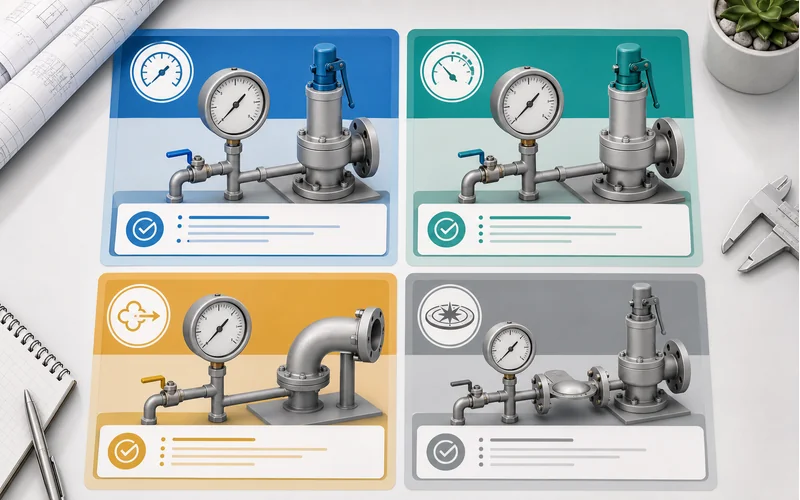 Pressure relief valve gauge selection matrix for range backpressure and rupture disc monitoring