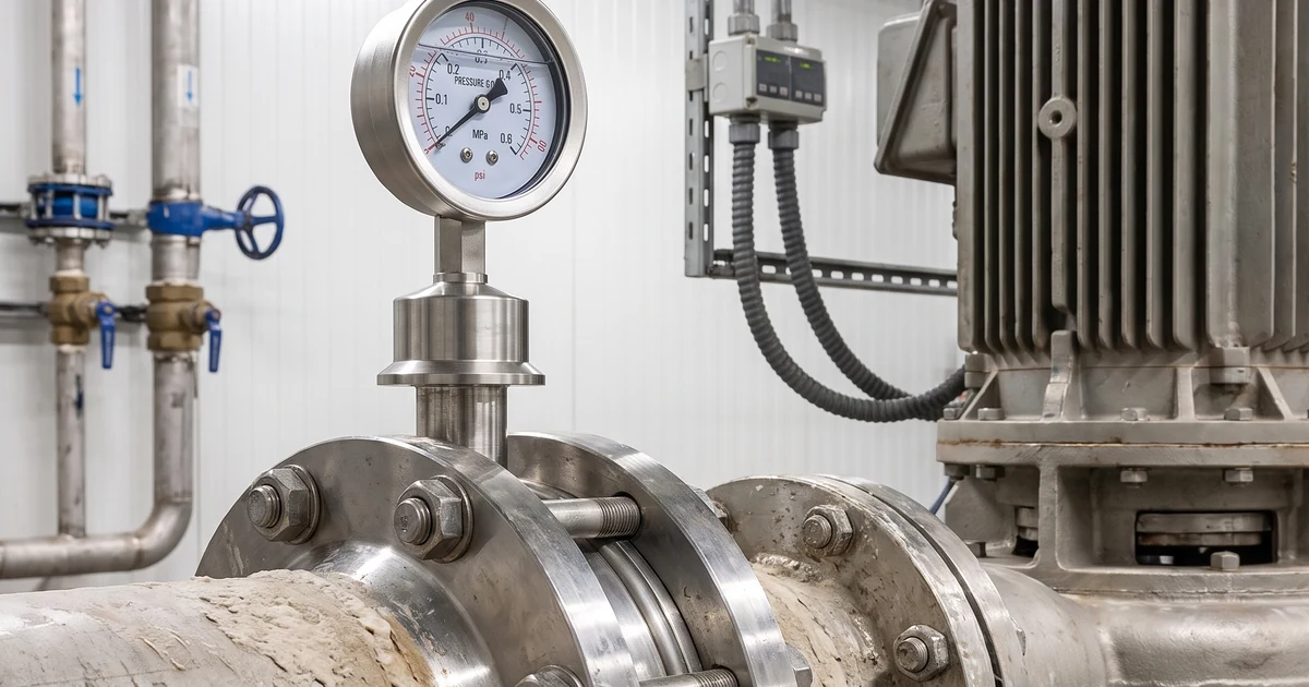 Flanged diaphragm seal pressure gauge on a pulp stock line at a paper mill pump