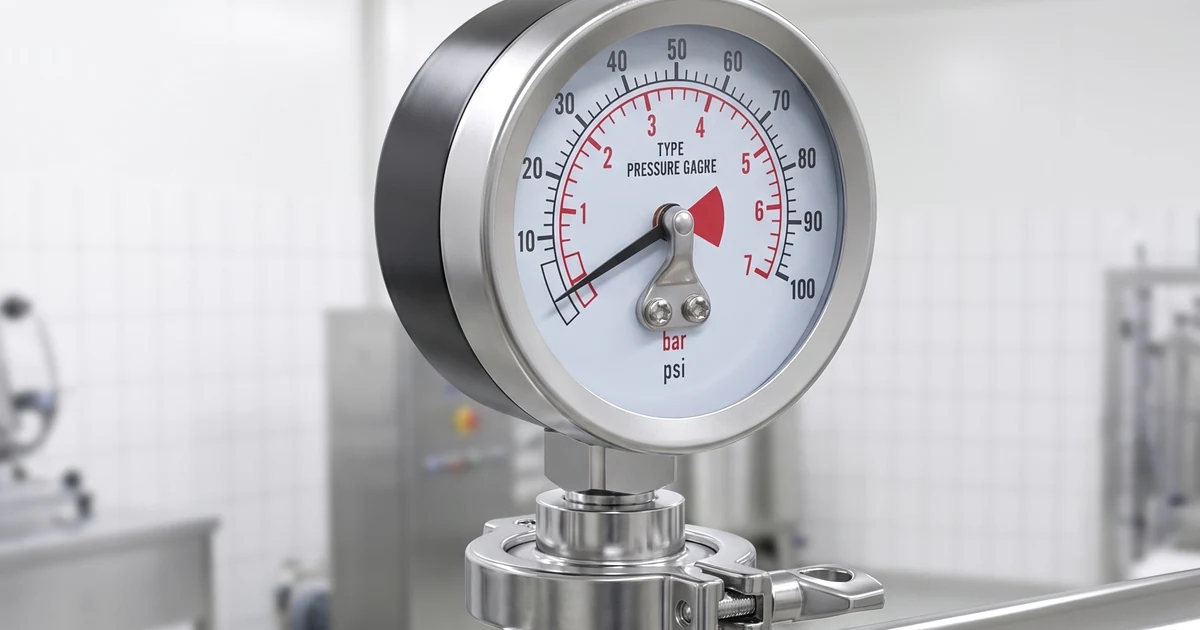 Sanitary pressure gauge with Tri-clamp diaphragm seal on a stainless steel process line in a food plant