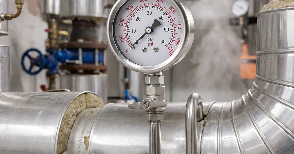 Liquid-filled pressure gauge mounted on a pigtail siphon on an insulated steam line