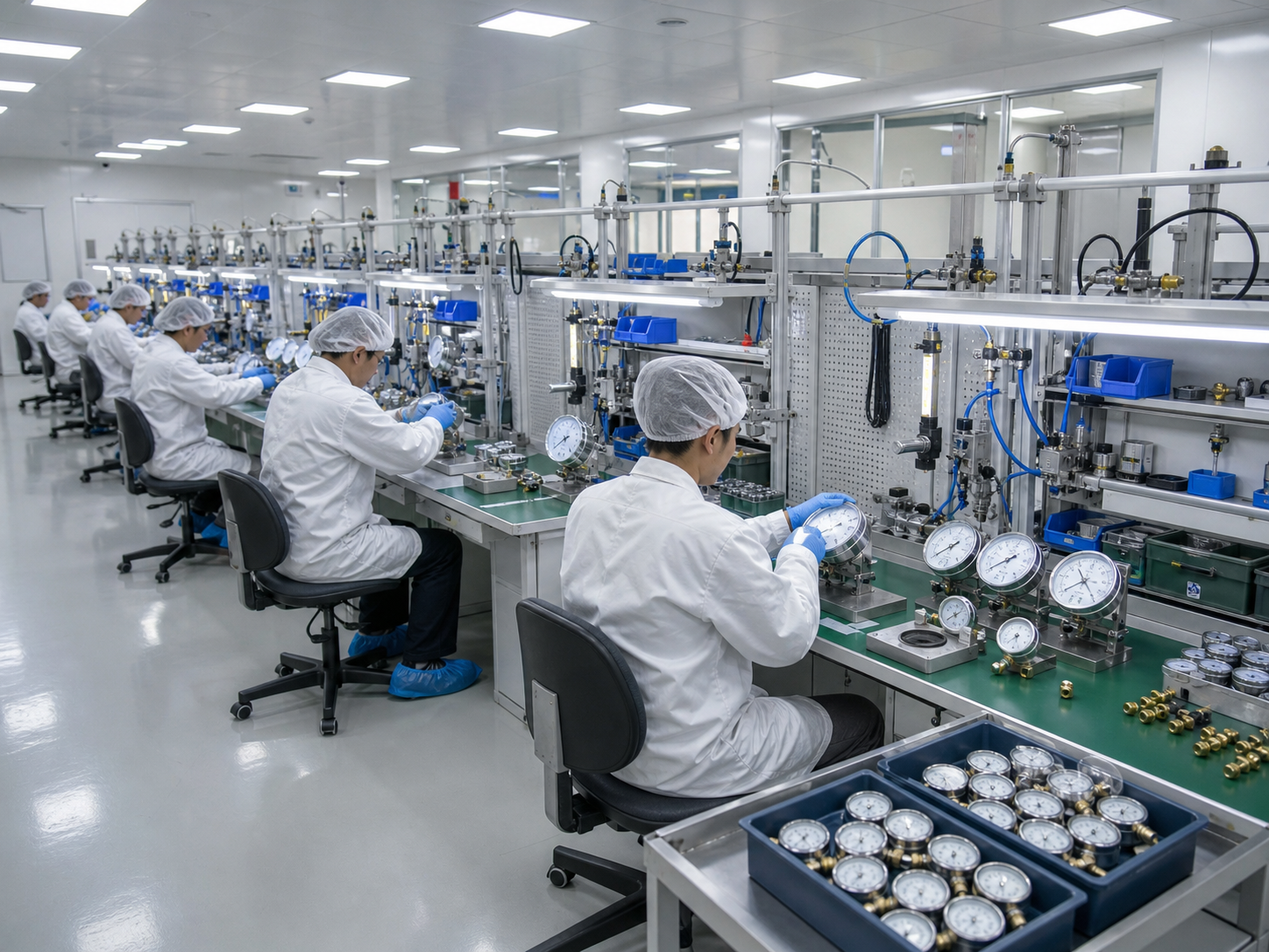 Calibration and final inspection — each finished gauge is individually verified against a certified reference standard before oxygen-cleaning and capped shipment